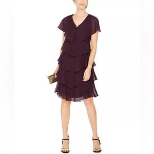 NWT SLNY Tiered Ruffle Burgundy Short Sleeve Midi Dress Size 6